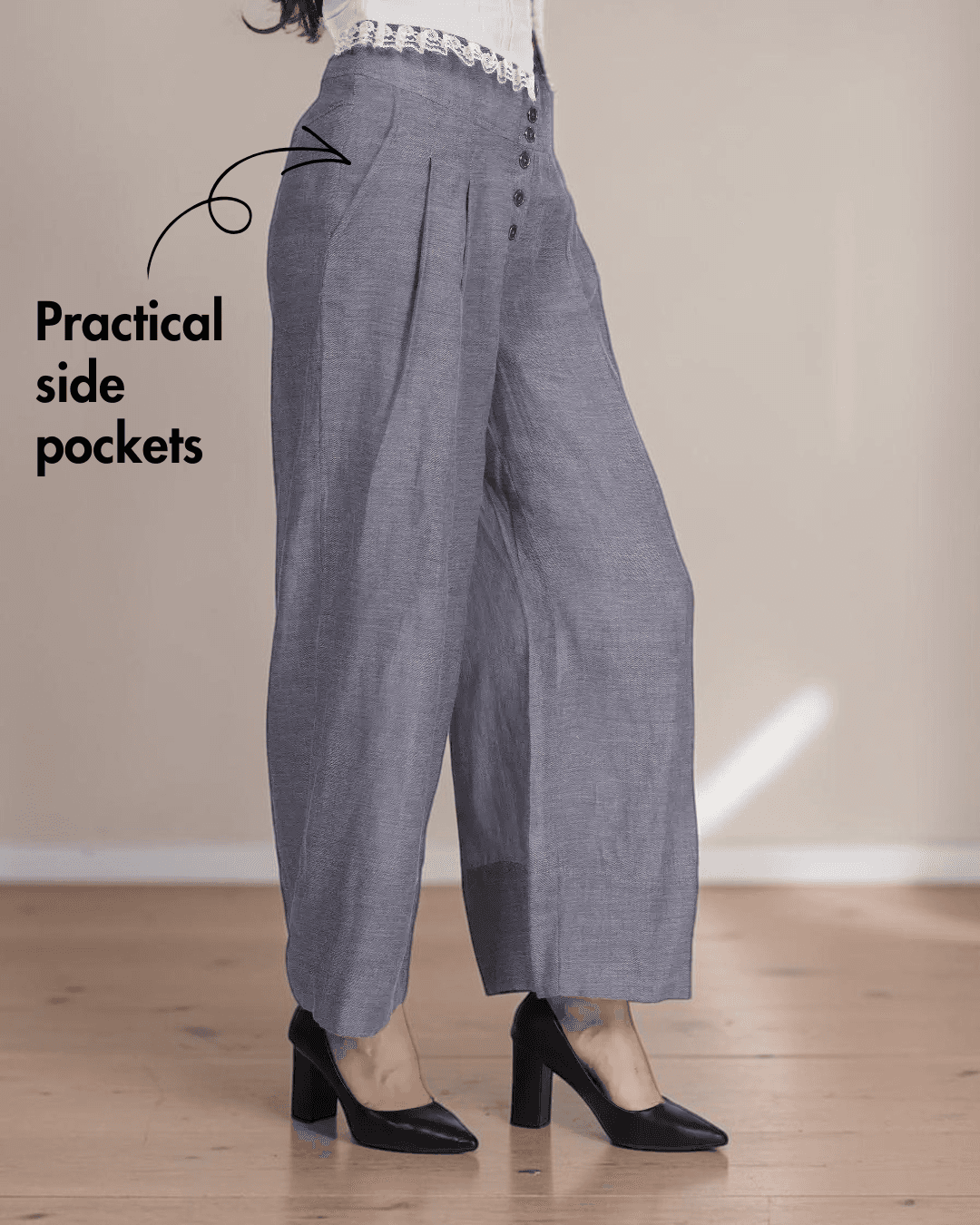 Practical side pockets on women's wide-leg pleated sewing pattern