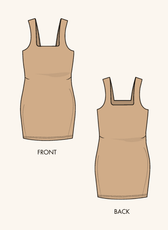 Technical illustration of the 'Swift' bodycon mini dress sewing pattern. Displays front and back views with a sleeveless square-neck design.