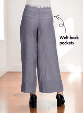 Back view of women's wide-leg pleated sewing pattern