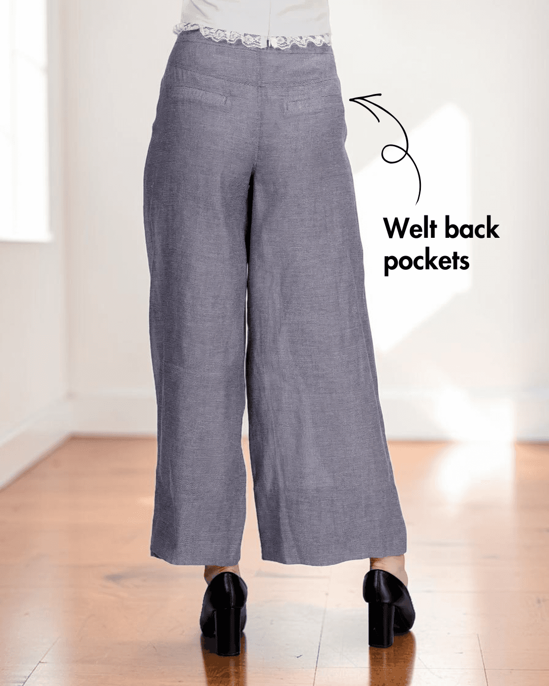 Back view of women's wide-leg pleated sewing pattern
