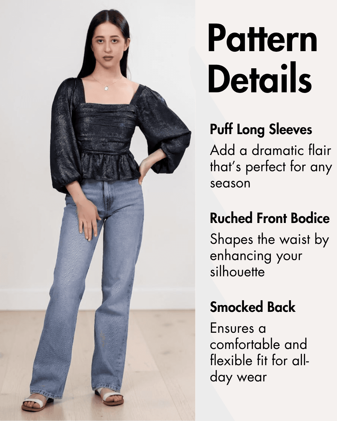 Women's black puff long sleeve blouse with square neckline and gathered hem