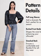 Women's black puff long sleeve blouse with square neckline and gathered hem