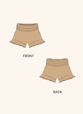 Technical illustration of the ruffle hem shorts sewing pattern, showing front and back views. Features a smocked waistband and ruffle details.