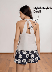 Back view of women's halter neck top with braided strap sewing pattern