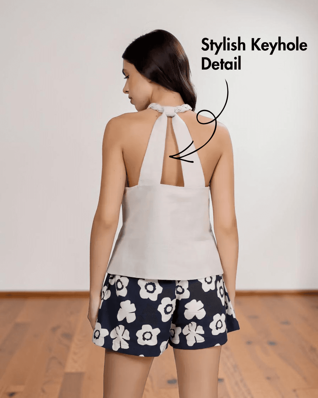 Back view of women's halter neck top with braided strap sewing pattern