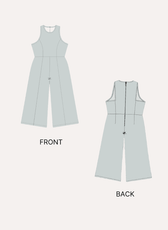 Technical sewing pattern diagram for women's wide-leg jumpsuit with back zipper