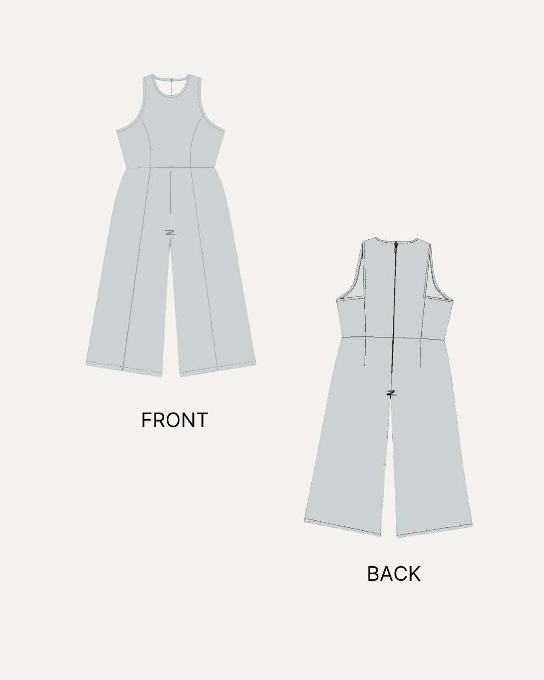 Technical sewing pattern diagram for women's wide-leg jumpsuit with back zipper