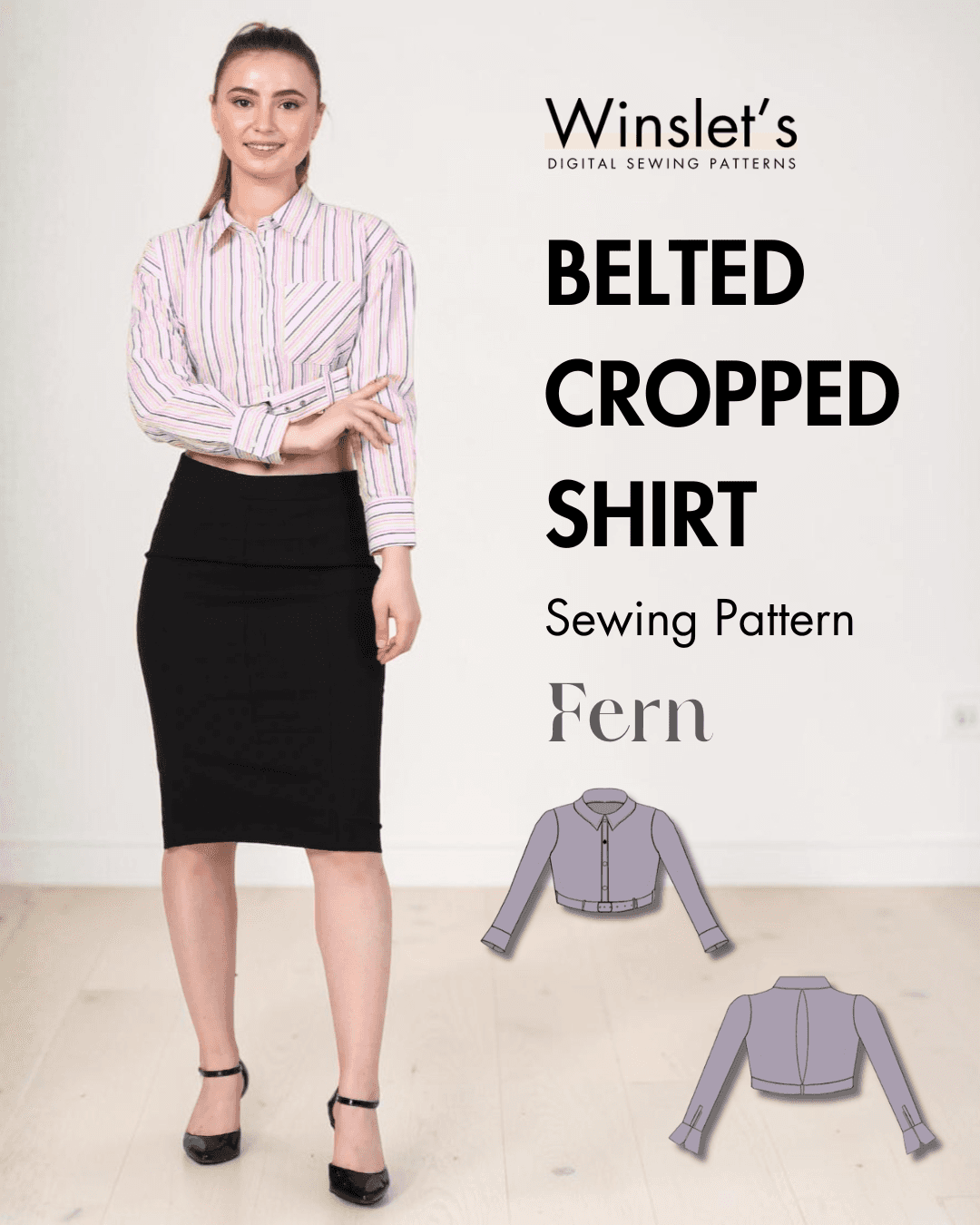 Women's belted cropped shirt sewing pattern with long sleeves, classic point collar, button-down front, yoke, and belt details