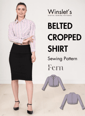 Women's belted cropped shirt sewing pattern with long sleeves, classic point collar, button-down front, yoke, and belt details