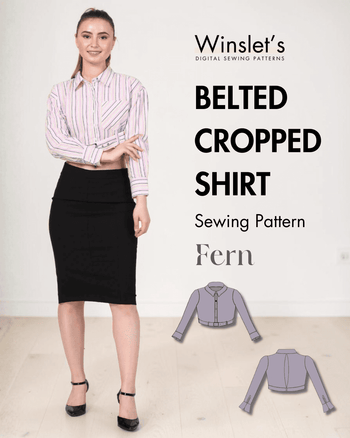 Women's belted cropped shirt sewing pattern with long sleeves, classic point collar, button-down front, yoke, and belt details