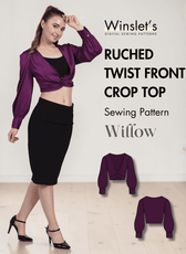 Purple satin ruched twist front crop top with long bishop sleeves