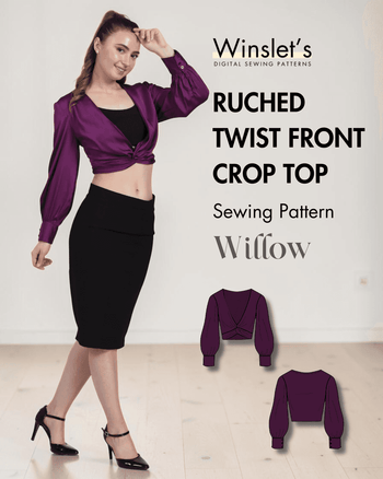 Purple satin ruched twist front crop top with long bishop sleeves