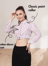 Close-up of women's plaid belted cropped shirt with collar, buttons, and belt detail