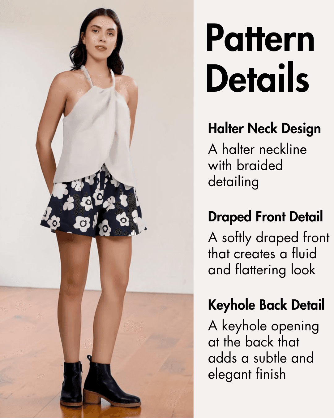 Pattern details of women's halter neck top with braided strap sewing pattern