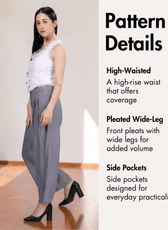 Women's high-waisted pleated wide-leg pants with side and welt pockets, sewing pattern guide