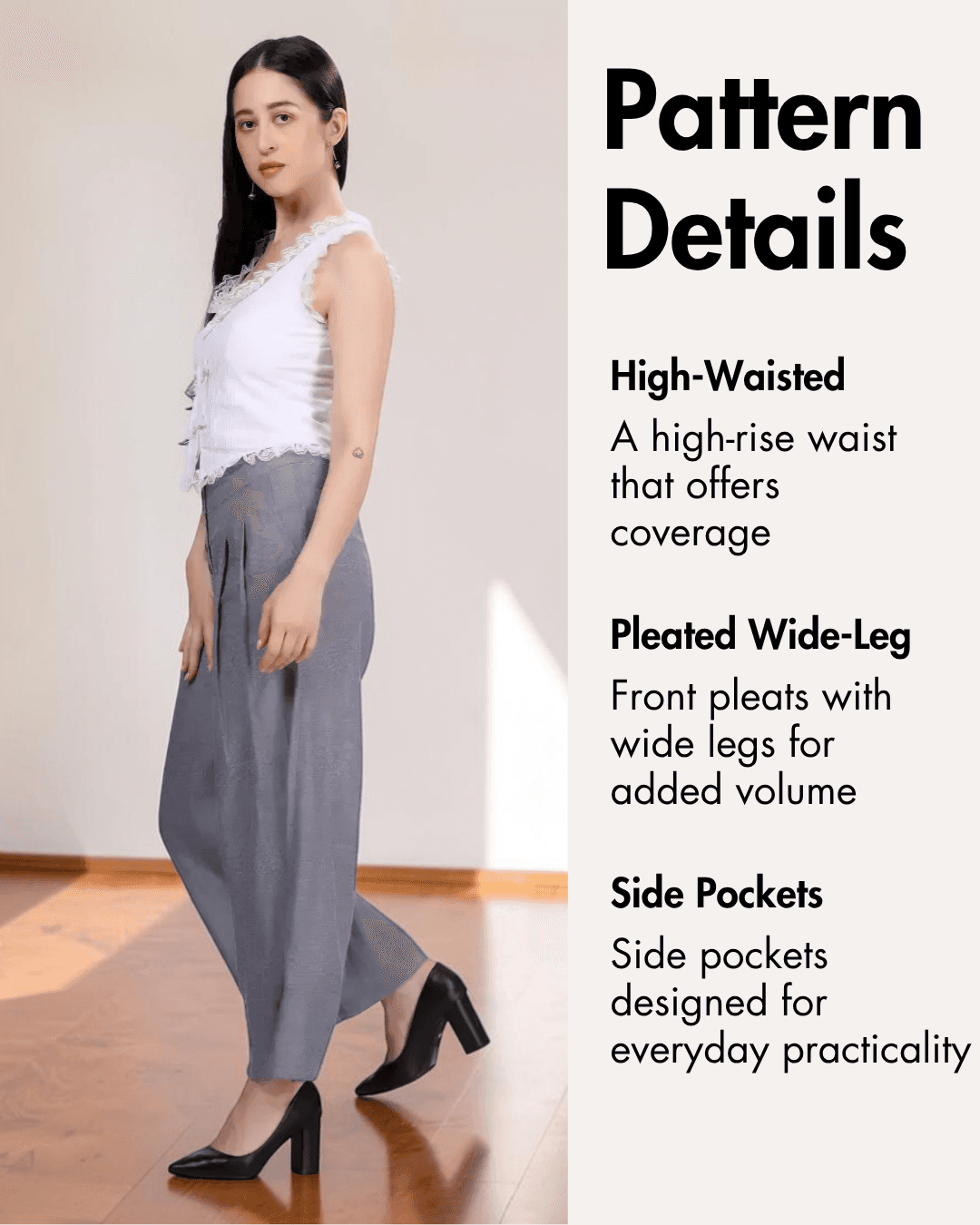 Women's high-waisted pleated wide-leg pants with side and welt pockets, sewing pattern guide