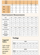 Size guide and fabric recommendations for the ruffle hem shorts sewing pattern. Includes measurements and fabric yardage details.