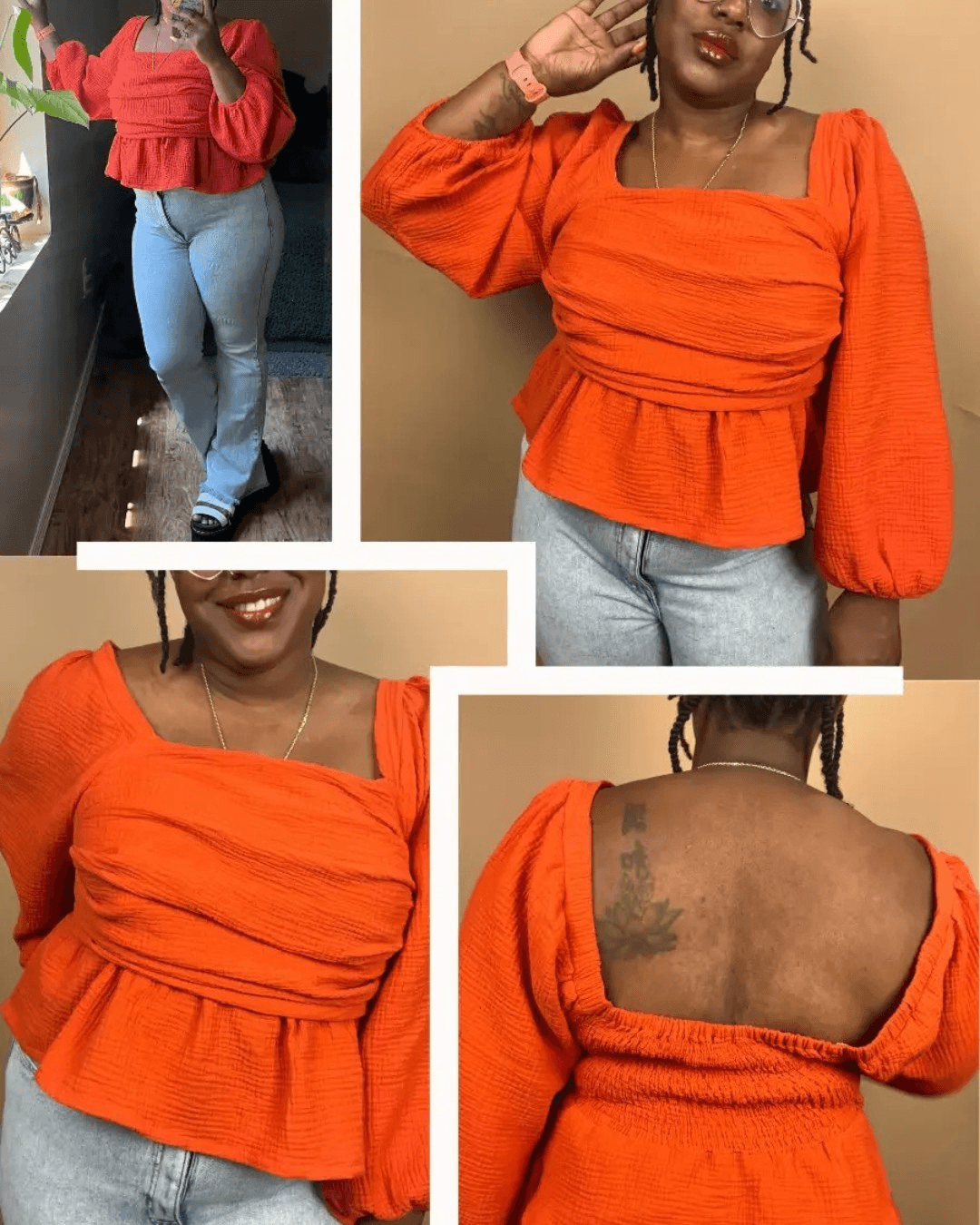 Women's orange peplum top sewing pattern with gathered hem and puff long sleeves
