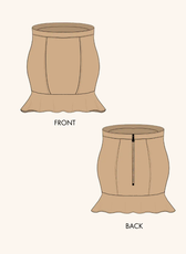 Technical illustration of the 'Buttercup' frill skirt sewing pattern. Displays front and back views with seam details and zipper placement.