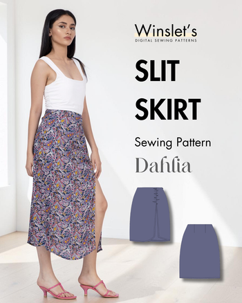 Winslet's Dahlia slit skirt sewing pattern cover: model in a paisley print midi skirt with a white top