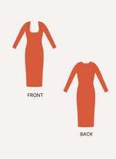 Dress sewing pattern illustrations front and back views for Bodycon Midi Dress Finch