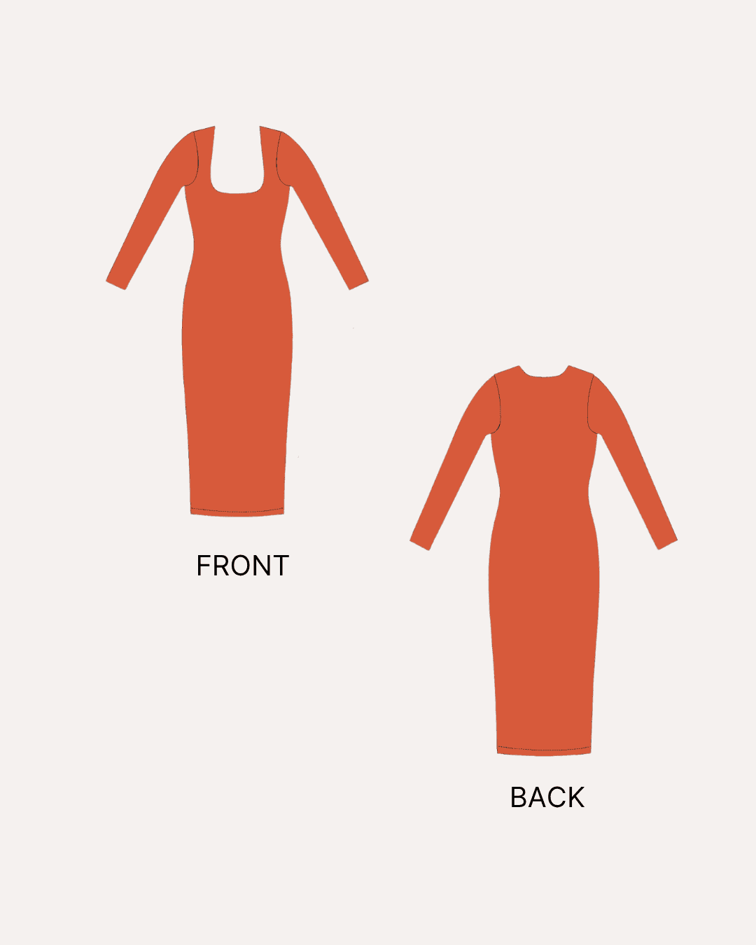 Dress sewing pattern illustrations front and back views for Bodycon Midi Dress Finch