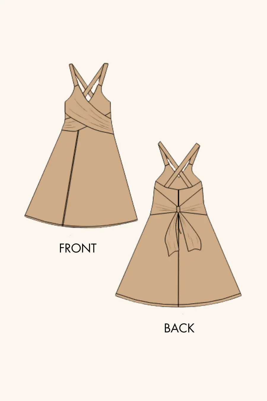Technical illustration of the 'Camellia' wrap dress pattern, showing front and back views. Features include a sweetheart neckline, cross-back straps, and a waist tie.