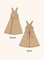Technical illustration of the 'Camellia' wrap dress pattern, showing front and back views. Features include a sweetheart neckline, cross-back straps, and a waist tie.