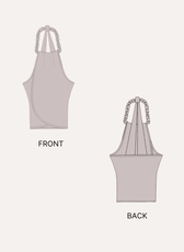 Illustration of front and back views of women's braided halter top sewing pattern