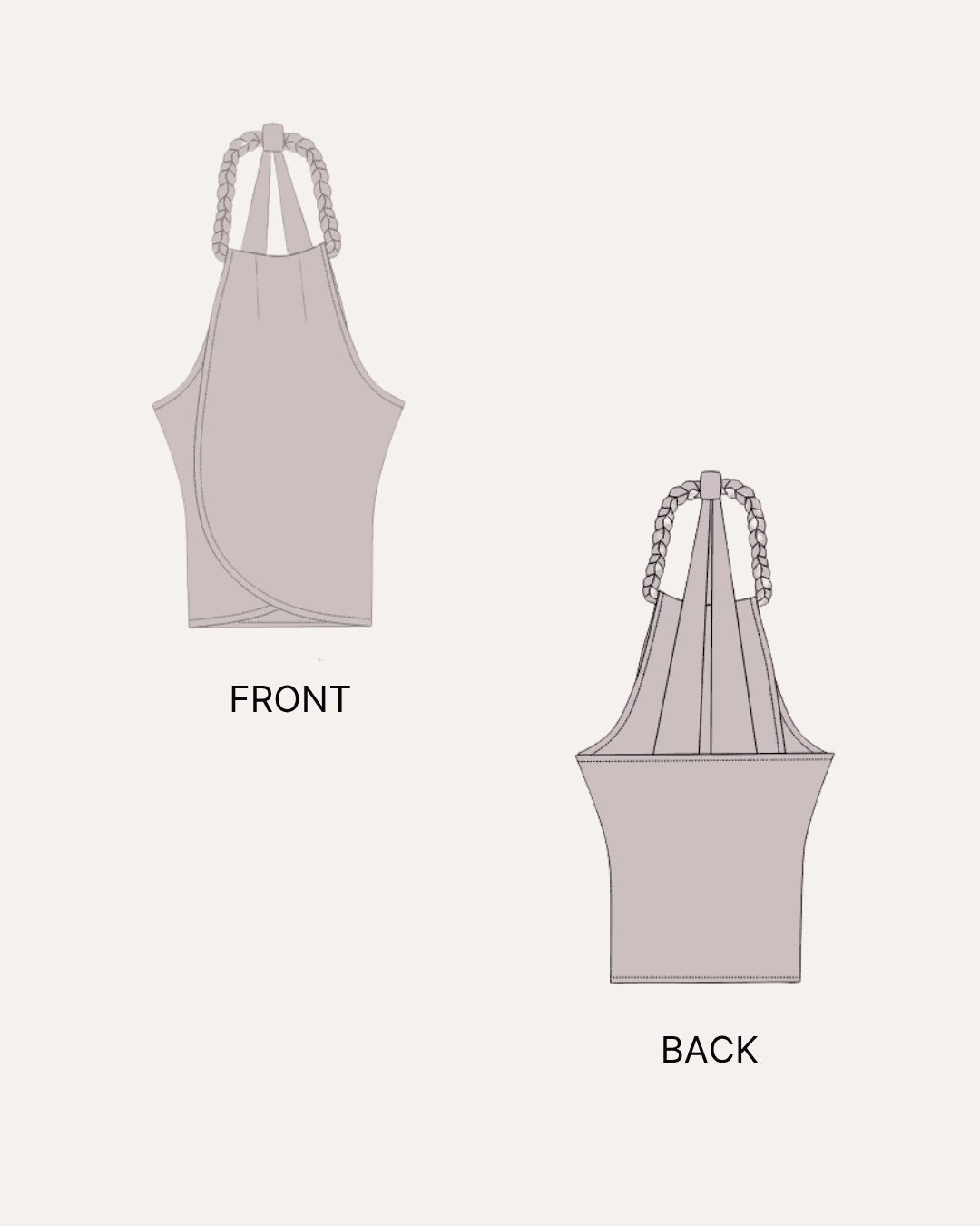 Illustration of front and back views of women's braided halter top sewing pattern