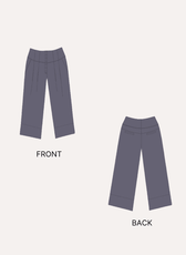 Pattern illustrations of front and back views of women's pleated wide-leg trousers