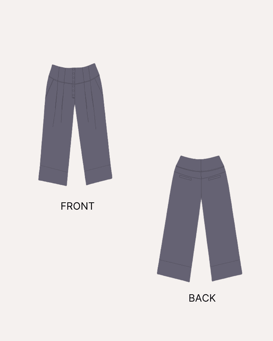 Pattern illustrations of front and back views of women's pleated wide-leg trousers