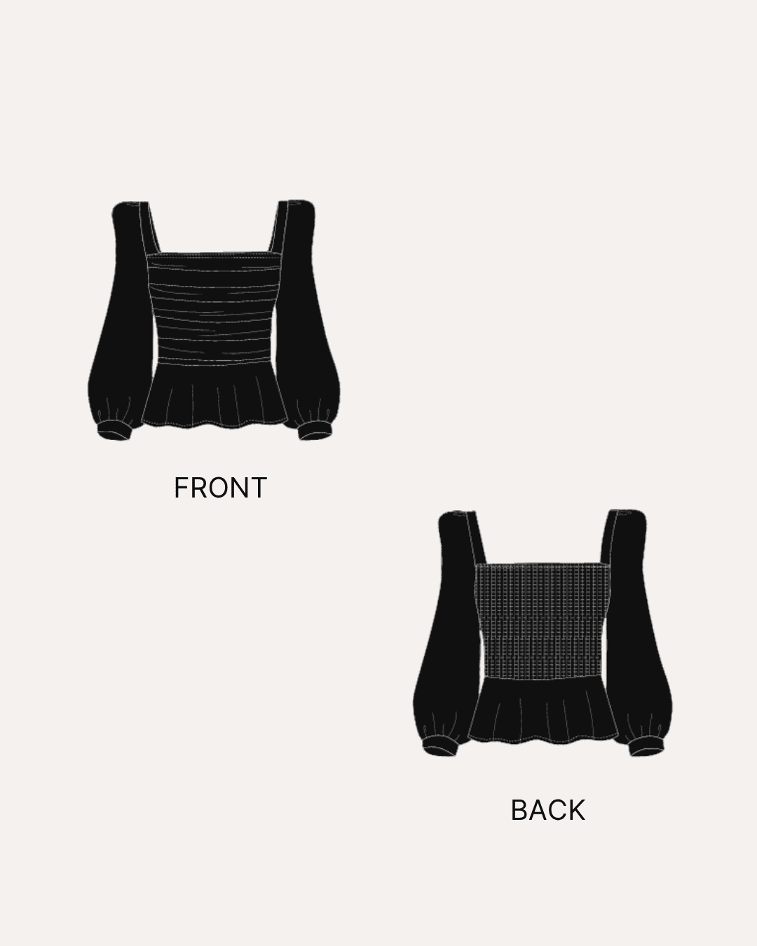 Technical drawing of women's puff long sleeve blouse with front and back views