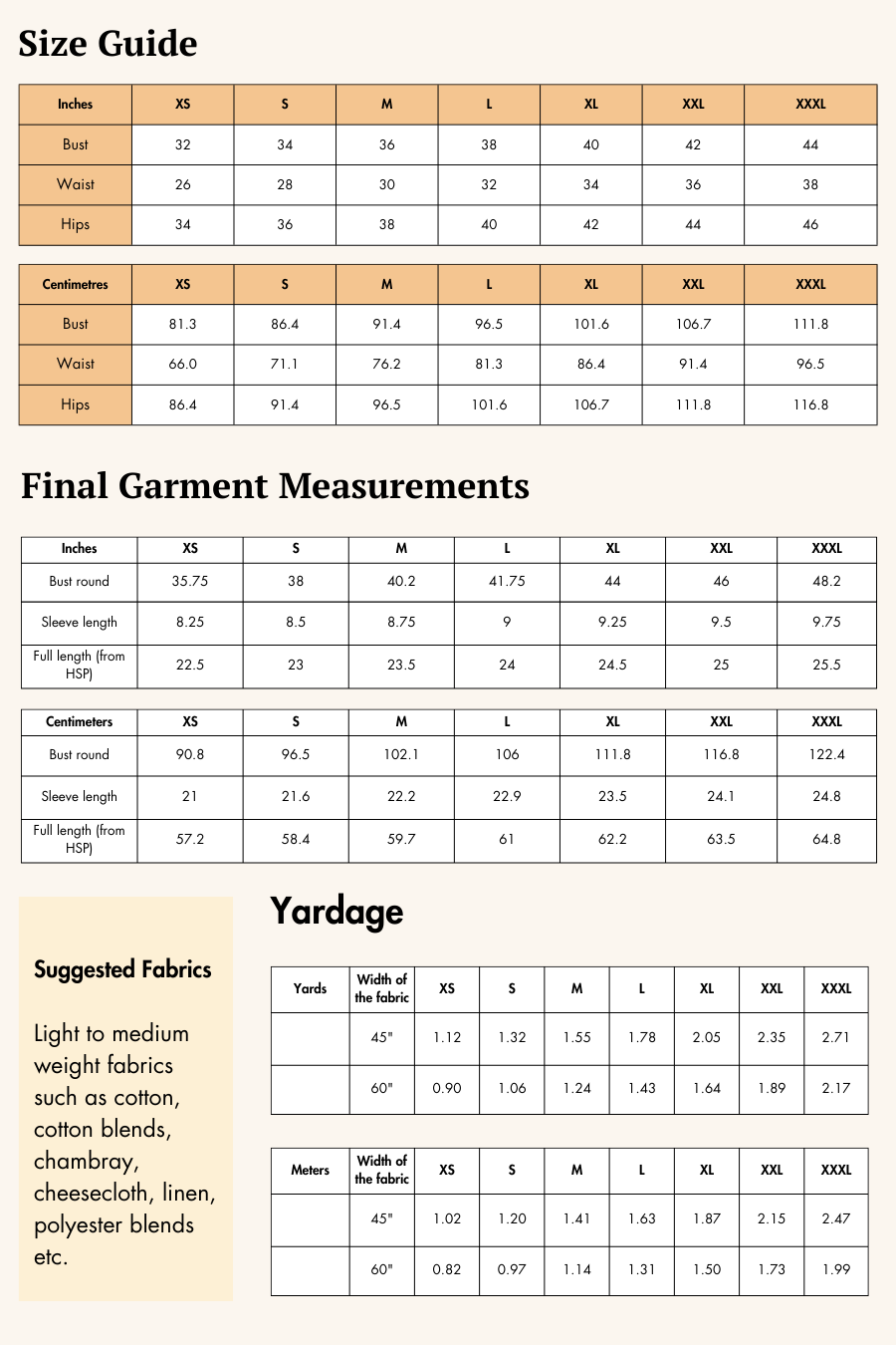 Picture with garment measurements