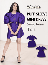Purple puff sleeve mini dress sewing pattern with cutout ring detail