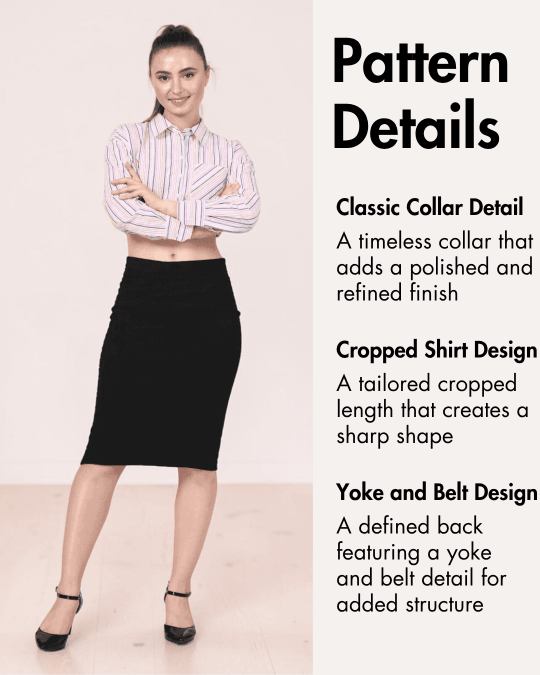 Pattern details for women's cropped shirt with collar, yoke, and belt design