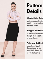 Pattern details for women's cropped shirt with collar, yoke, and belt design