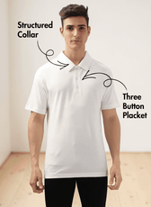 Men's white polo shirt with structured collar, three-button placket, straight hem, casual style, sewing pattern