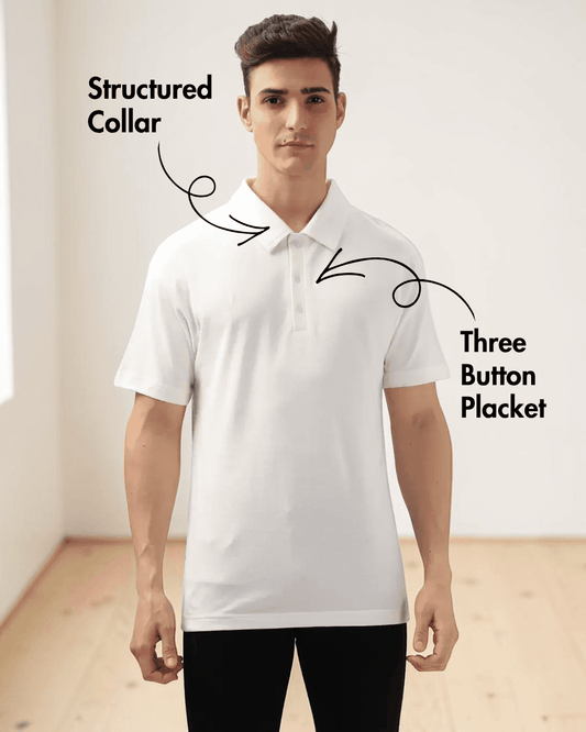 Men's white polo shirt with structured collar, three-button placket, straight hem, casual style, sewing pattern