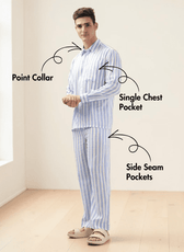 Men's striped pajama top with point collar and matching pants sewing pattern, side view