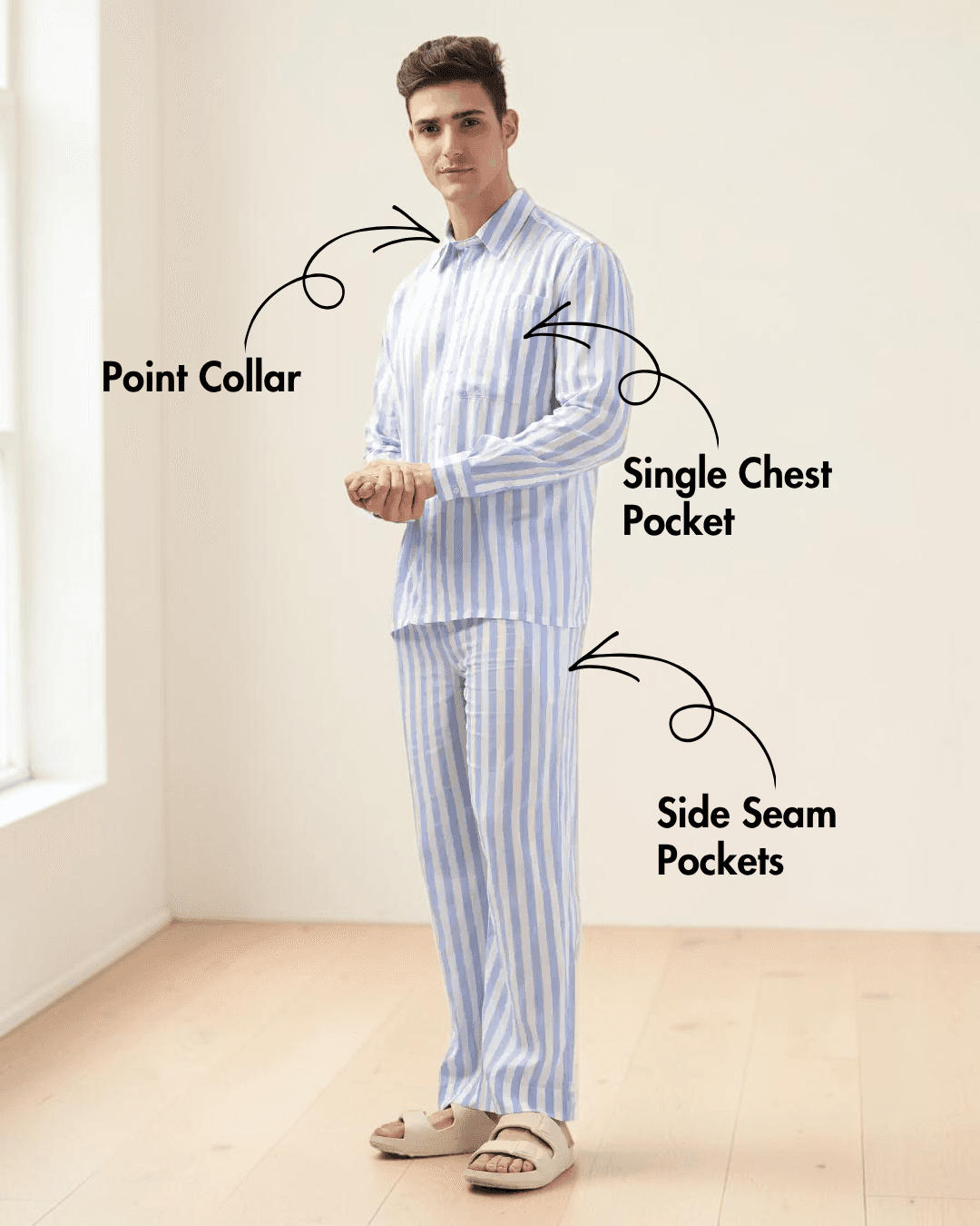 Men's striped pajama top with point collar and matching pants sewing pattern, side view