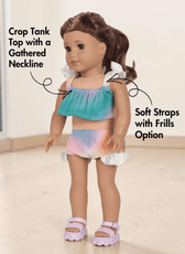Doll swimwear pattern with crop top and matching shortie with frill accents