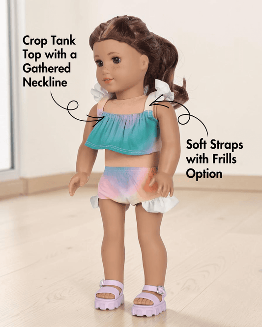 Doll swimwear pattern with crop top and matching shortie with frill accents