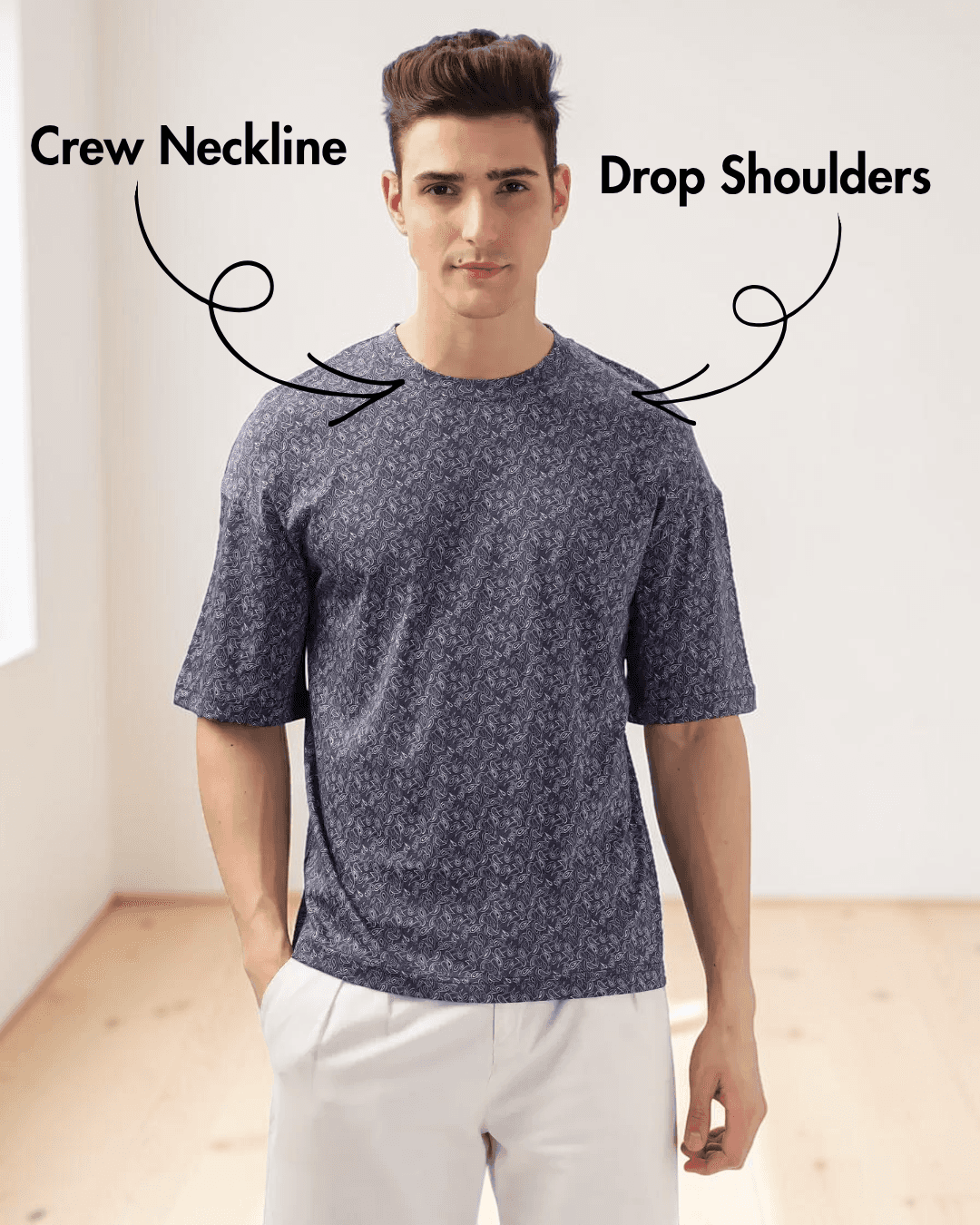 Close-up of men's T-shirt sewing pattern details with crew neckline and drop shoulders