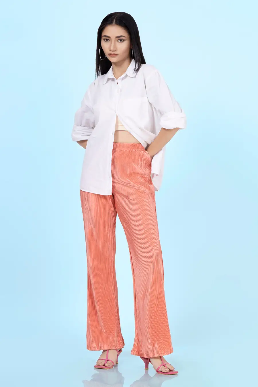 Front view of the 'Brook' flared pants sewing pattern. High-waisted design with a relaxed fit, perfect for stylish and comfortable wear.