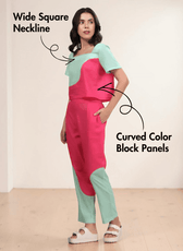 Side view of women's color block coord set with elasticized waist and side seam pockets