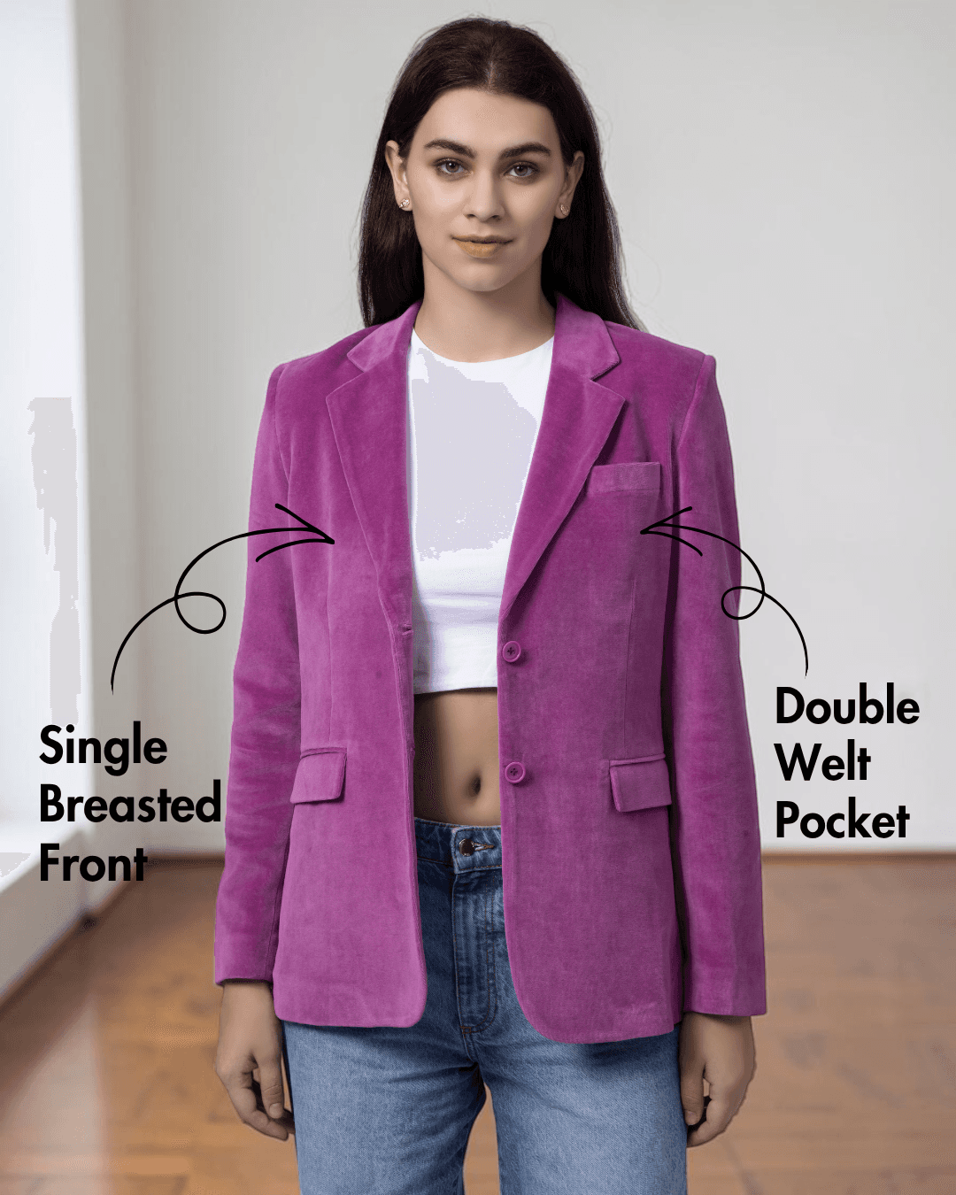 Close-up of women's pink blazer with single-breasted front and double welt pockets