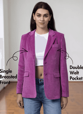 Close-up of women's pink blazer with single-breasted front and double welt pockets