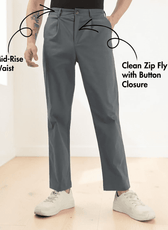 Close-up of men's gray formal trousers sewing pattern showing mid-rise waist, front pleats, and belt loops