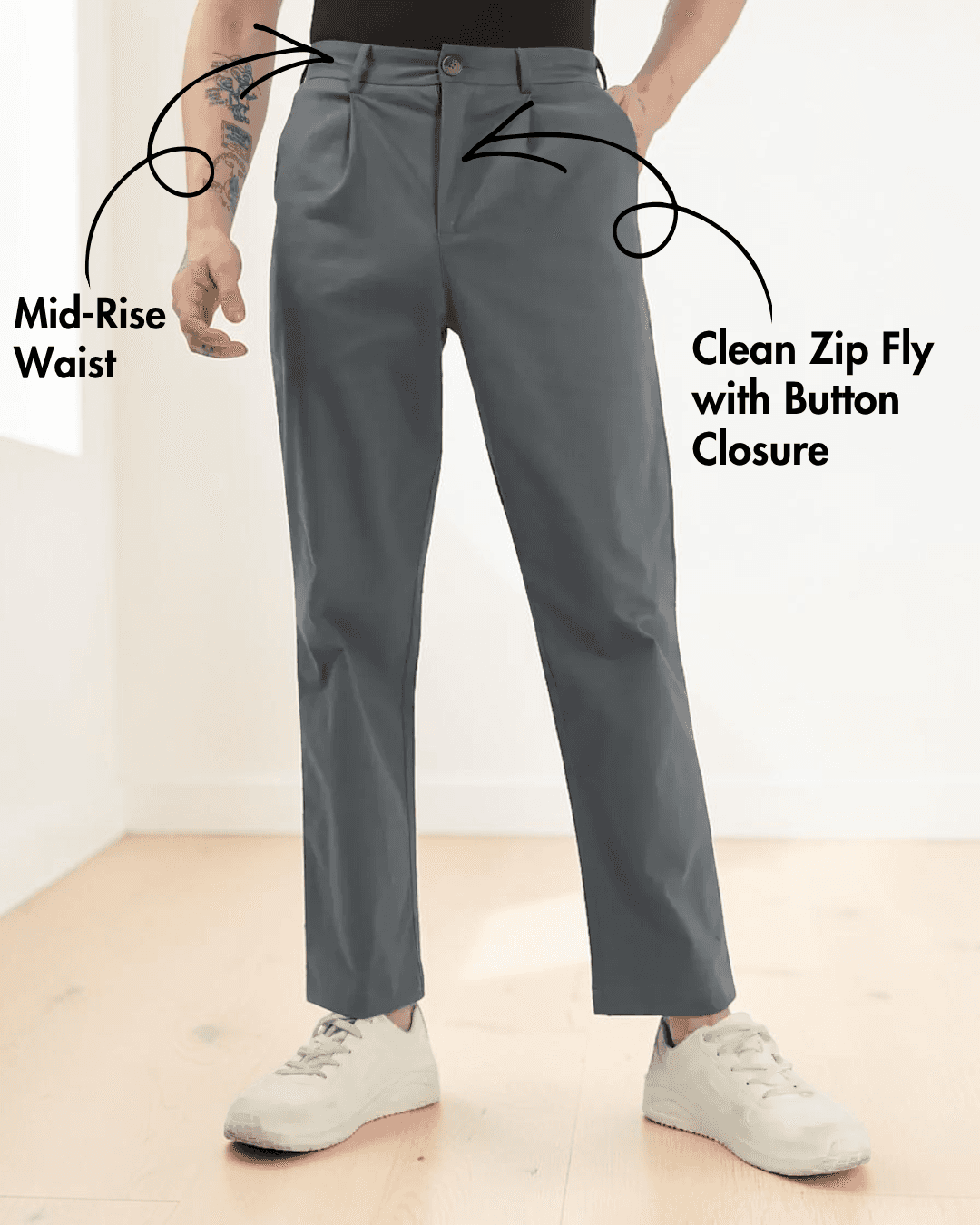 Close-up of men's gray formal trousers sewing pattern showing mid-rise waist, front pleats, and belt loops